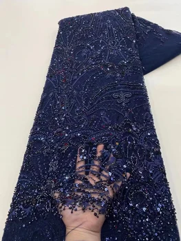 KRALİYET MAVİ 5 Metre Lüks Ağır güzel Sequins Dantel boncuklu kumaş Sequins Gelin gece elbisesi Fransız Dantel Kumaş