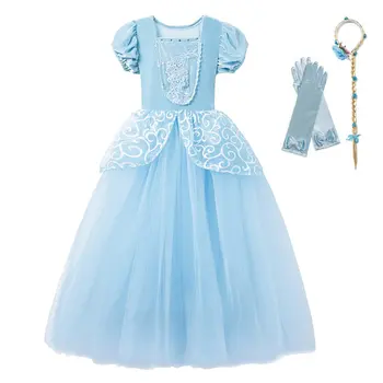 Küçük Kızlar Mavi Külkedisi Elbise Up Çocuk Puf Kollu Zarif Balo Parti Elbise Çocuk Kız Doğum Günü Prenses Kostüm