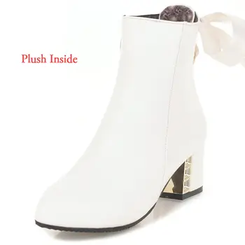 Lloprost ke Kadın Moda yarım çizmeler Kare Yüksek Topuk Kış Ayakkabı Kadın Papyon Siyah Beyaz Fermuar Çizmeler Artı Boyutu 32-48 D270