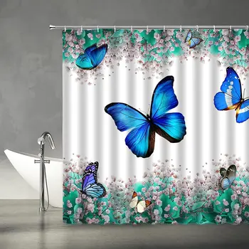 Mavi Kelebek Baskı Duş Perdesi Suluboya Bitki Çiçek Su Geçirmez Kumaş Banyo Perdeleri Banyo Dekor Kanca ile Ekranlar