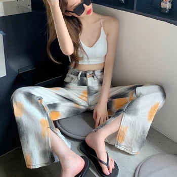 Moda Kravat Boya Kot Kadın Yüksek Bel Düz Ayak Bileği Bölünmüş Denim Pantolon Bayan Gevşek Artı Boyutu Streetwear Denim Geniş Bacak Pantolon