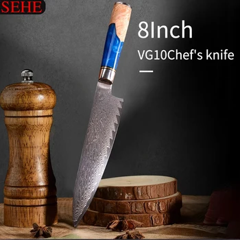 Mutfak Şam Çelik VG10 şef bıçağı Balta Soyma Ekmek Bıçağı Mavi Reçine ve Renk Ahşap Saplı Pişirme Aracı Cozinha Cocina