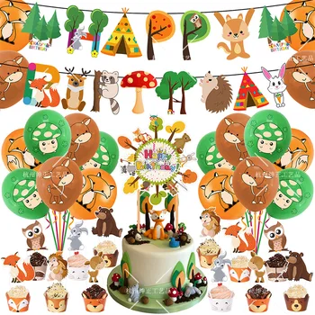 Orman Hayvan Parti Dekorasyon Woodland Geyik Tilki Tavşan Rakun Mutlu Doğum Günü Partisi Dekoru Çocuklar Çocuk Afiş Balonlar Kek Toppers