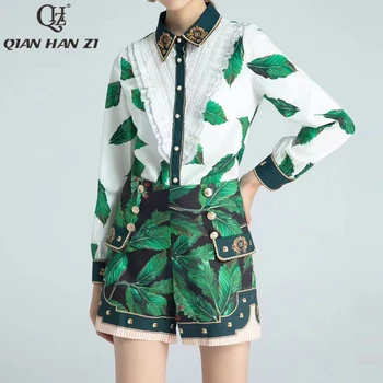 Qian Han Zi moda ofis Kadın yaz 2 parça set pilili ruffled uzun kollu gömlek + retro Düğme Yeşil Yaprak Baskı Şort Takım Elbise