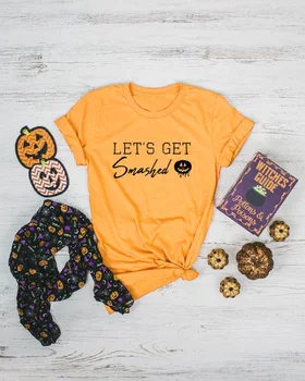 Rahat Slogan Grafik En Şık sarı 90s Cadılar Bayramı kıyafetleri Cadılar Bayramı Tatil Tee hadi Çökerttiğini Kabak T-Shirt