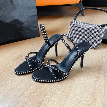 Rahat Tasarımcı 2023 kadın ayakkabı gerçek deri siyah çivili sivri pvc şeffaf yüksek topuklu sandalias de las mujeres mujer 2021