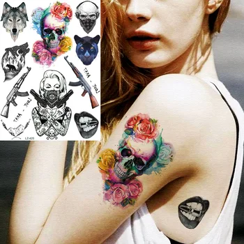 REJASKI Ölüm Kafatası Gangsta Ak47 Geçici Dövmeler Kadınlar İçin Etiket Su Geçirmez Kurt Çiçek Dövmeler Sanat Bilek Özel Dövme