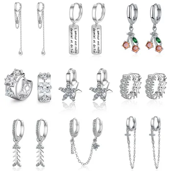 S925 Gümüş Bayan Küpe Kılçık Çapraz Dalga Tatlı Kristal Kiraz Çiçek Hoop Küpe Kız Kadınlar doğum günü hediyesi moda takı