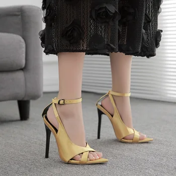 Seksi Düğün yüksek topuklu ayakkabı Stiletto 2022 Kadın Sandalet Sivri Peep Toe Ayak Bileği Kayışı Bayan Ayakkabıları İpek Sığ Ağız Pompaları