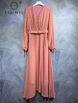 SEQINYY Pembe Midi Elbise Yaz Bahar Yeni Moda Tasarım Kadın Pist Yüksek Sokak Düğmeleri A-Line Şifon Cepler Rahat