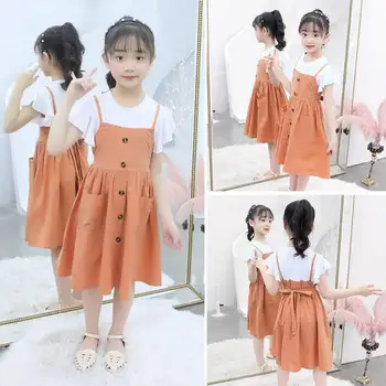 Sevimli Çocuk Çocuk Bebek Kız Elbise Giyim Çocuk 3 Renk Yaz Diz Boyu Elbise Çocuk Enfant Giysiler Giyim 4-13 Yıl