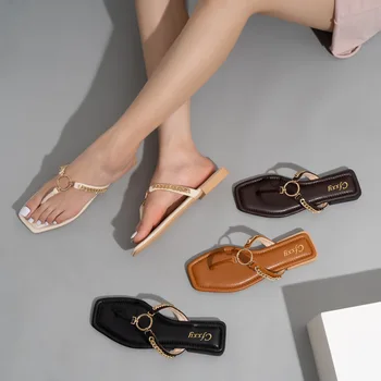 Slides2022 Yaz Moda Zinciri Yuvarlak Toka Flip-Flop Düşük Topuklu Deri kadın Sandalet