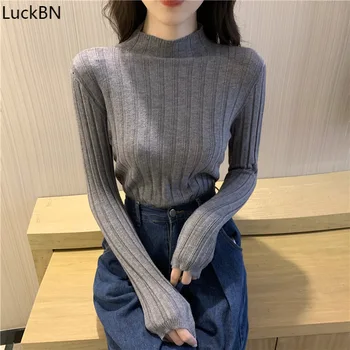 Sonbahar Kore versiyonu yeni ince zayıflama yarım yüksek boyun çukur şerit uzun kollu örme dip gömlek kazak kadın