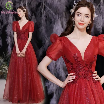 SSYFashion Yeni Kırmızı Akşam Elbise Seksi V Yaka A-line Puf Kollu Dantel Aplikler Kat-uzunluk Örgün Parti Kıyafeti için kadın Vestidos