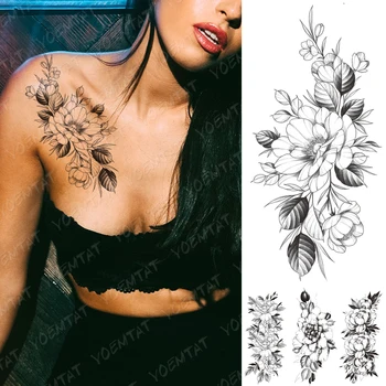 Su geçirmez Geçici Dövme Etiket Şakayık Çiçek Erik Çiçeği Flaş Dövmeler Kadın Siyah Minimalist Çizgi Vücut Sanatı Sahte Dövme Erkekler