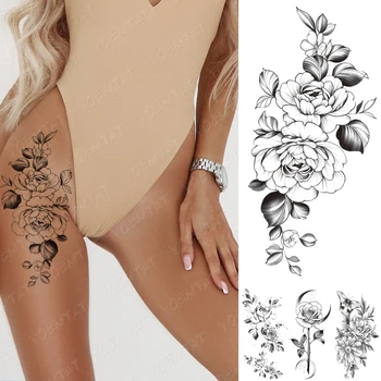 Su geçirmez Geçici Dövme Etiket Şakayık Çiçek Erik Çiçeği Flaş Dövmeler Kadın Minimalist Çizgi Kol Vücut Sanatı Sahte Dövme Erkek
