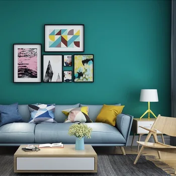 [Su geçirmez Leke Dayanıklı] Tavuskuşu Mavi ve Yeşil Düz Renk Düz Duvar Kağıdı Modern Basit Yatak Odası Oturma Odası Arka Plan