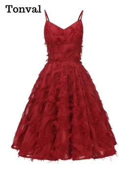 Tonval Şık Kırmızı Saçak Akşam Doğum Günü Zarif Noel Elbise Kadınlar için Spagetti Kayışı Vintage Diz Boyu Parti Elbiseler 2023