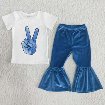 Toptan Çocuk Moda yaz kıyafetleri Yüksek Kaliteli Kız Siyah Üst ve Mavi Bells Toddlers Kadife pantolon seti
