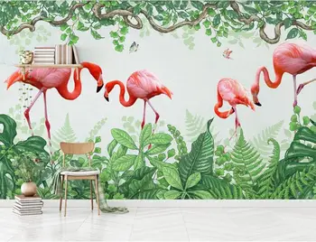 XUE SU Duvar kaplaması özel duvar kağıdı duvar İskandinav el-boyalı flamingo yeşil yapraklar kelebek TV arka plan duvar