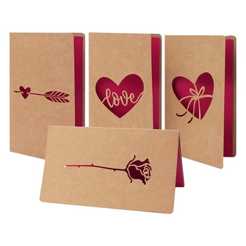 Yaratıcı Kraft Kağıt Lazer oyulmuş Aşk Tebrik Kartı sevgililer Günü Kartı (4 Kart ve 4 Zarf dahil)