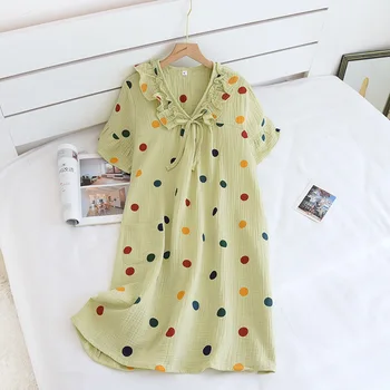 Yaz Tatlı ve Güzel Gecelikler Yıkanmış Pamuk İpliği Elbise Kısa Kollu Gece Elbisesi Dantel Uzun Gevşek Gecelik Kadın Pijama