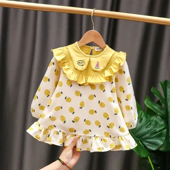 Yeni Bahar Bebek Kız Pamuk Elbise Çocuklar Dantelli Peter Pan Yaka Uzun Kollu çocuk Üst Toddler Kız Prenses Elbise