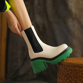 Yeni Chelsea Kadın Çizmeler Yuvarlak Ayak Karışık Renk Orta Topuk Slip-On Kısa Bayanlar Gumboots Moda Kare Topuk Diz Yüksek kadın ayakkabısı