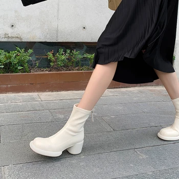 YPP 2023 Kumaş Bahar yarım çizmeler Platformu Kadın Ayakkabı İnek Deri Yeni Gelmesi Yuvarlak Yüksek Topuklu Çizmeler Fermuar Bayanlar Streç