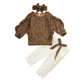 Yürüyor Çocuk Bebek Kız Sonbahar Sonbahar Giysileri Fırfır Leopar Üstleri Tayt beyaz Pantolon Kıyafet Seti Eşofman 3 Adet set