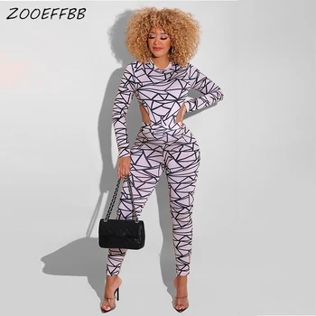 ZOOEFFBB Estetik Baskılı İki Parçalı Set Kadın Eşofman Kıyafetler Y2K Uzun Kollu Cut Out Bluzlar Casual Sıcak Spor Pantolon