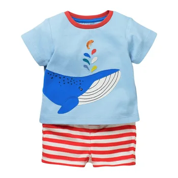 Çocuk 2021 Yaz Yeni Erkek Bebek Giysileri Rahat Pamuklu Yürümeye Başlayan Hayvan Aplike Çizgili Baskı T Shirt + Şort