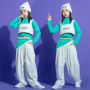 Çocuk Kpop Hip Hop Giyim Yeşil Kırpma Üst Uzun Kollu Gömlek Beyaz Yelek Streetwear rahat pantolon Kızlar için dans kostümü Elbise