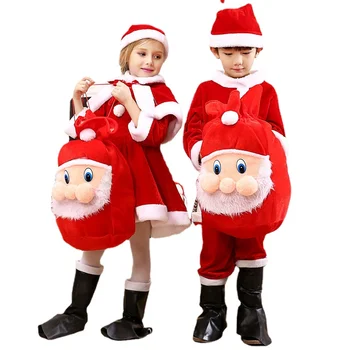 Çocuklar Erkek Kız Kırmızı Noel Seti Üstleri Pantolon Elbise Çantası Şapka Sıralama Sevimli Noel Baba Aynı Stil Elbise Takım Elbise