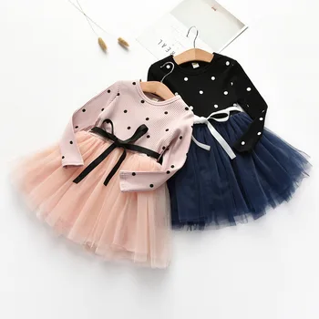 Çocuklar tek parça uzun kollu nokta Tutu elbise Prenses moda elbise kemer yay ile Çocuk Kız lolita tarzı bir elbise DR19132