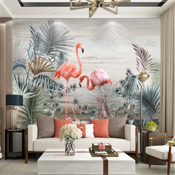 Özel Duvar Kağıdı El Boyalı İskandinav Bitki Yaprak Flamingo Tv Arka Plan duvar tablosu