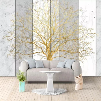Özelleştirilmiş büyük duvar kağıdı 3D aile ağacı altın folyo servet ağacı mermer parke duvar dekorasyon boyama
